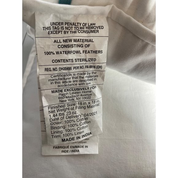 New Ralph Lauren Home Throw Pillows White with Turquoise Stripes Never Used - Picture 6 of 13